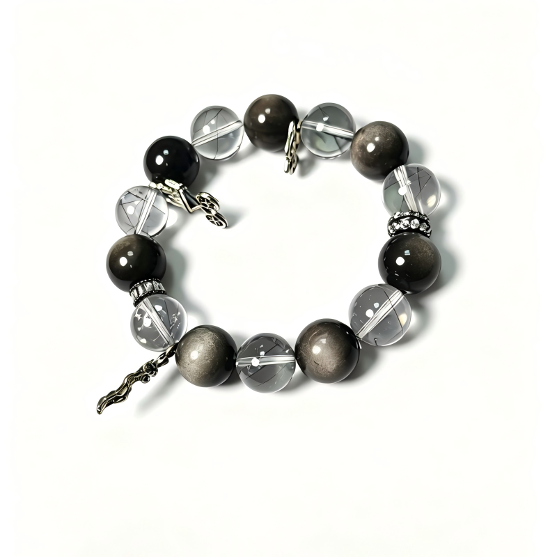 Black Rutilated Quartz & Silver Sheen Obsidian Protection Bracelet | Negative Energy Shield Bracelet | Strength & Decision Crystal Bracelet | Handmade Gemstone Jewelry(SJG003)