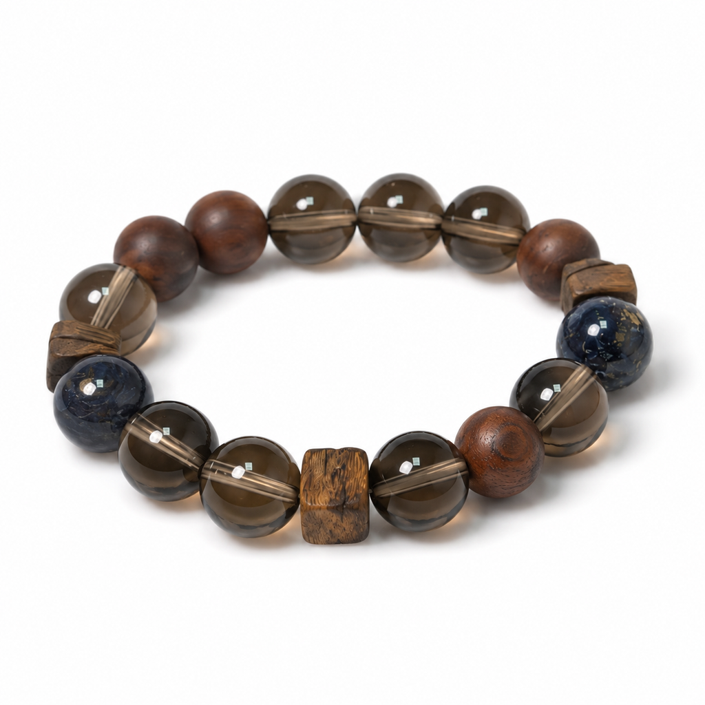 Smoky Quartz, Sandalwood & Artisan Glass Bracelet | Grounding Energy Bracelet | Handmade Natural Gemstone Jewelry(SJG010)