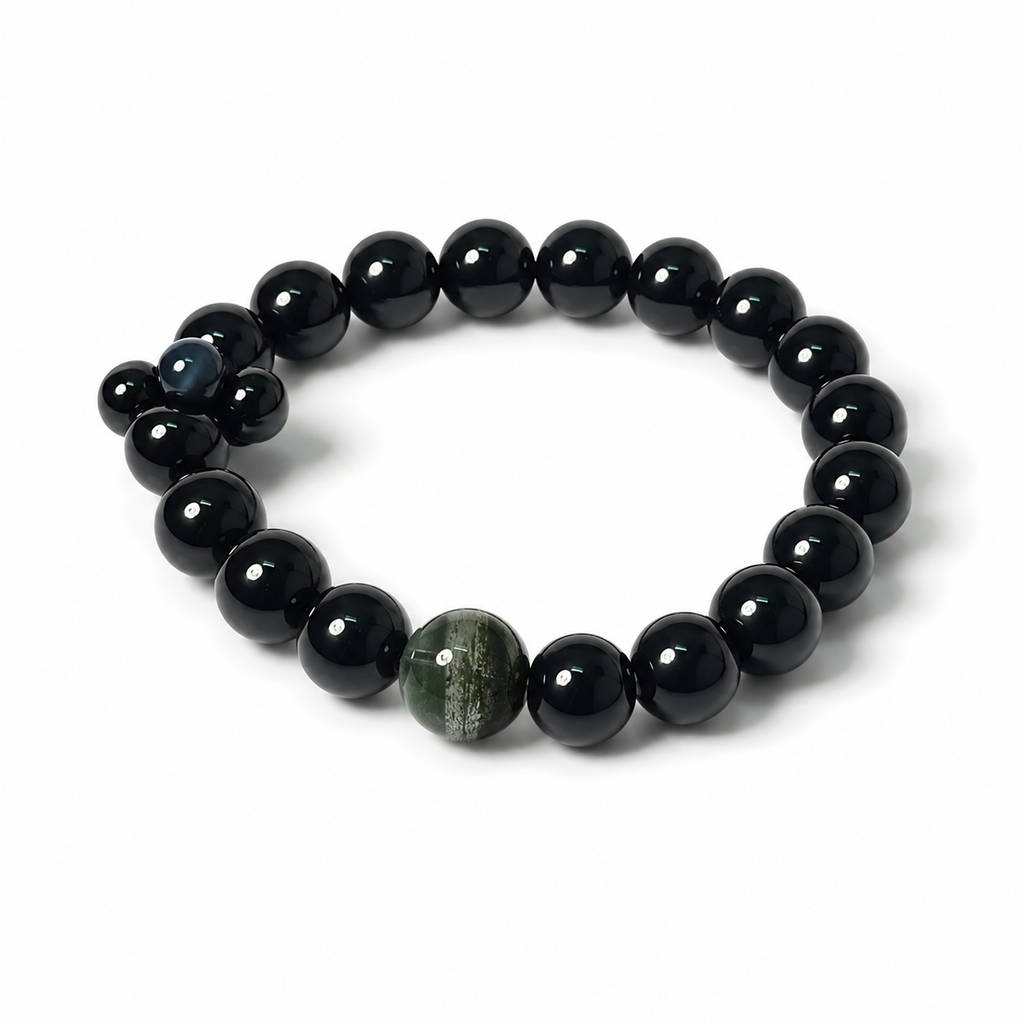 Black Obsidian & Green Phantom Quartz Bracelet | Protection and Prosperity Crystal Bracelet | Handmade Spiritual Gemstone Jewelry(SJG009)