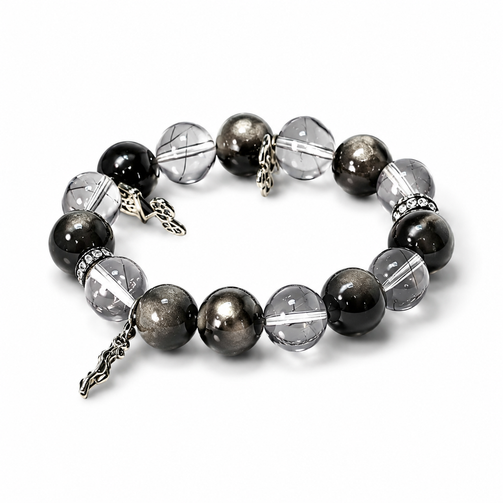 Black Rutilated Quartz & Silver Sheen Obsidian Protection Bracelet | Negative Energy Shield Bracelet | Strength & Decision Crystal Bracelet | Handmade Gemstone Jewelry(SJG003)