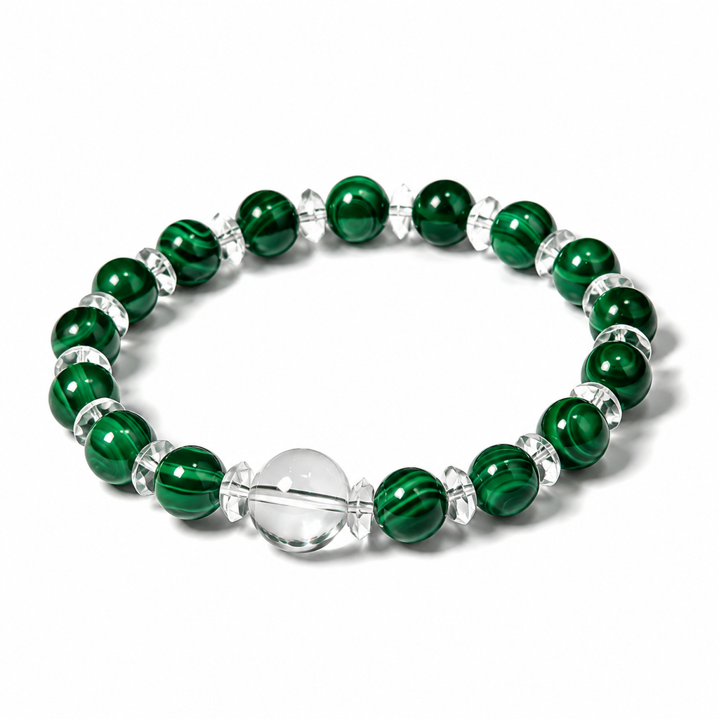 Malachite & Clear Quartz Harmony Bracelet | Green Crystal Energy Bracelet | Family Blessing Protection Bracelet | Handmade Gemstone Jewelry(SJG001)