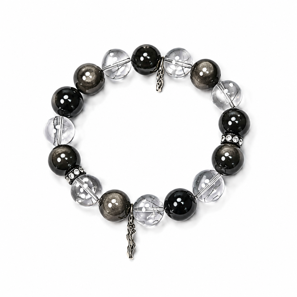 Black Rutilated Quartz & Silver Sheen Obsidian Protection Bracelet | Negative Energy Shield Bracelet | Strength & Decision Crystal Bracelet | Handmade Gemstone Jewelry(SJG003)