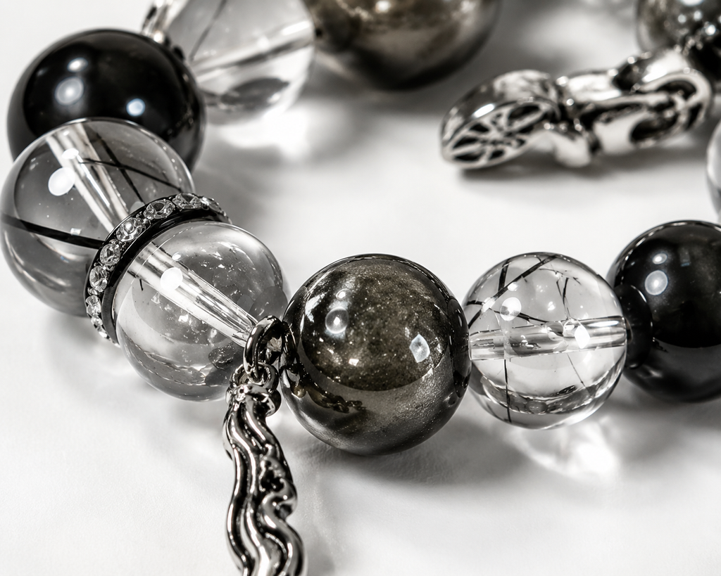 Black Rutilated Quartz & Silver Sheen Obsidian Protection Bracelet | Negative Energy Shield Bracelet | Strength & Decision Crystal Bracelet | Handmade Gemstone Jewelry(SJG003)