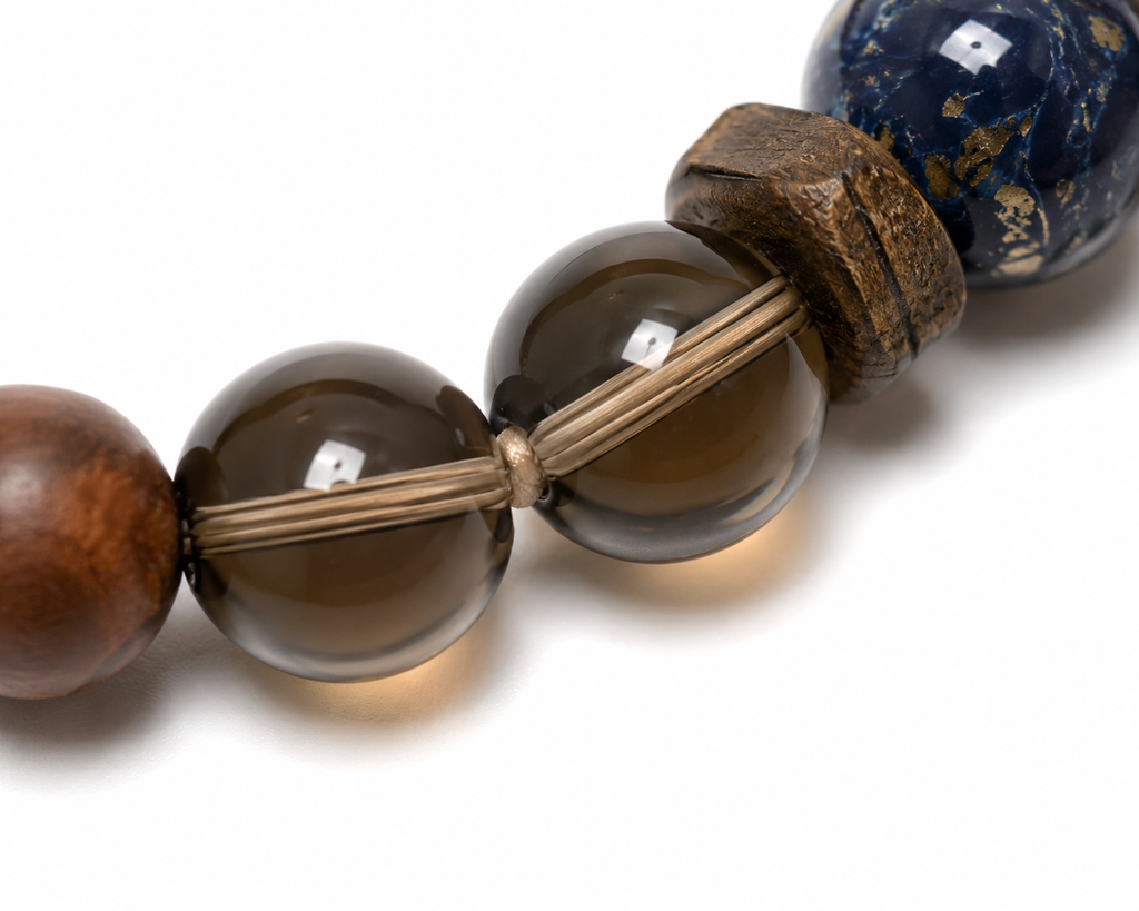 Smoky Quartz, Sandalwood & Artisan Glass Bracelet | Grounding Energy Bracelet | Handmade Natural Gemstone Jewelry(SJG010)