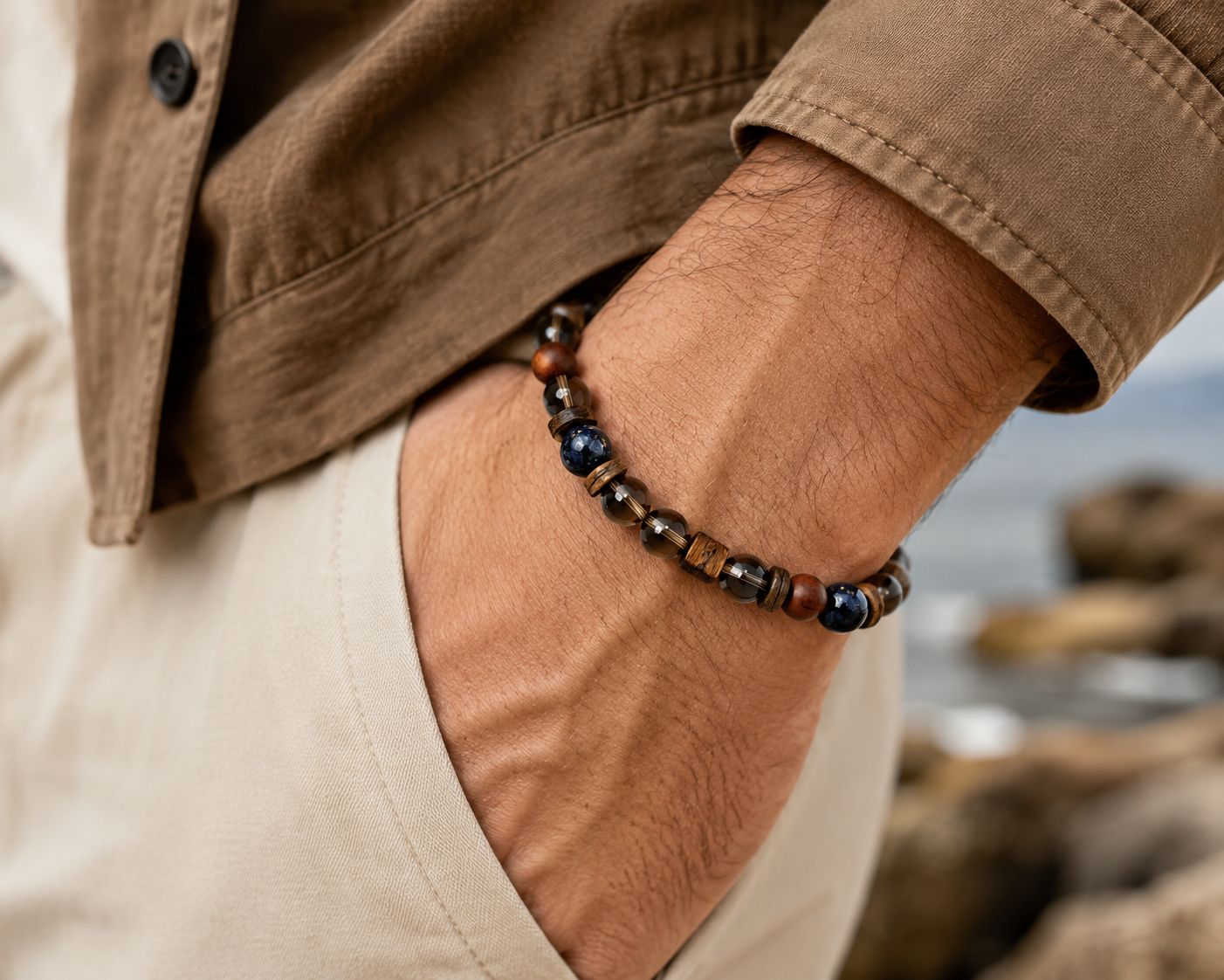 Smoky Quartz, Sandalwood & Artisan Glass Bracelet | Grounding Energy Bracelet | Handmade Natural Gemstone Jewelry(SJG010)