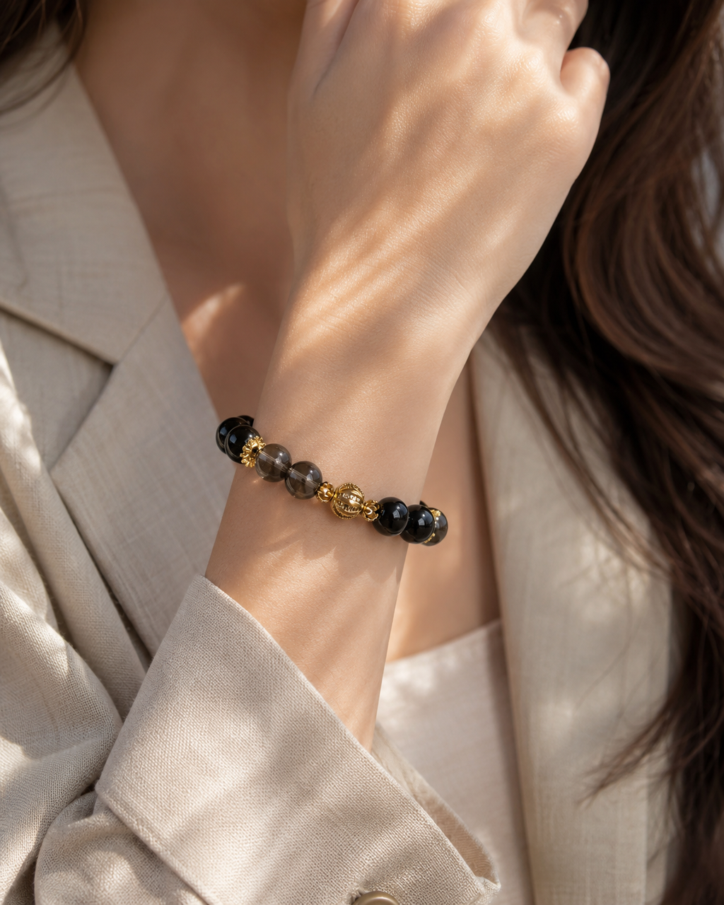 Herkimer Diamond & Black Obsidian Bracelet | Energy Amplifier Crystal Bracelet | Protection & Focus Jewelry | Handmade Spiritual Bracelet(SJG005)