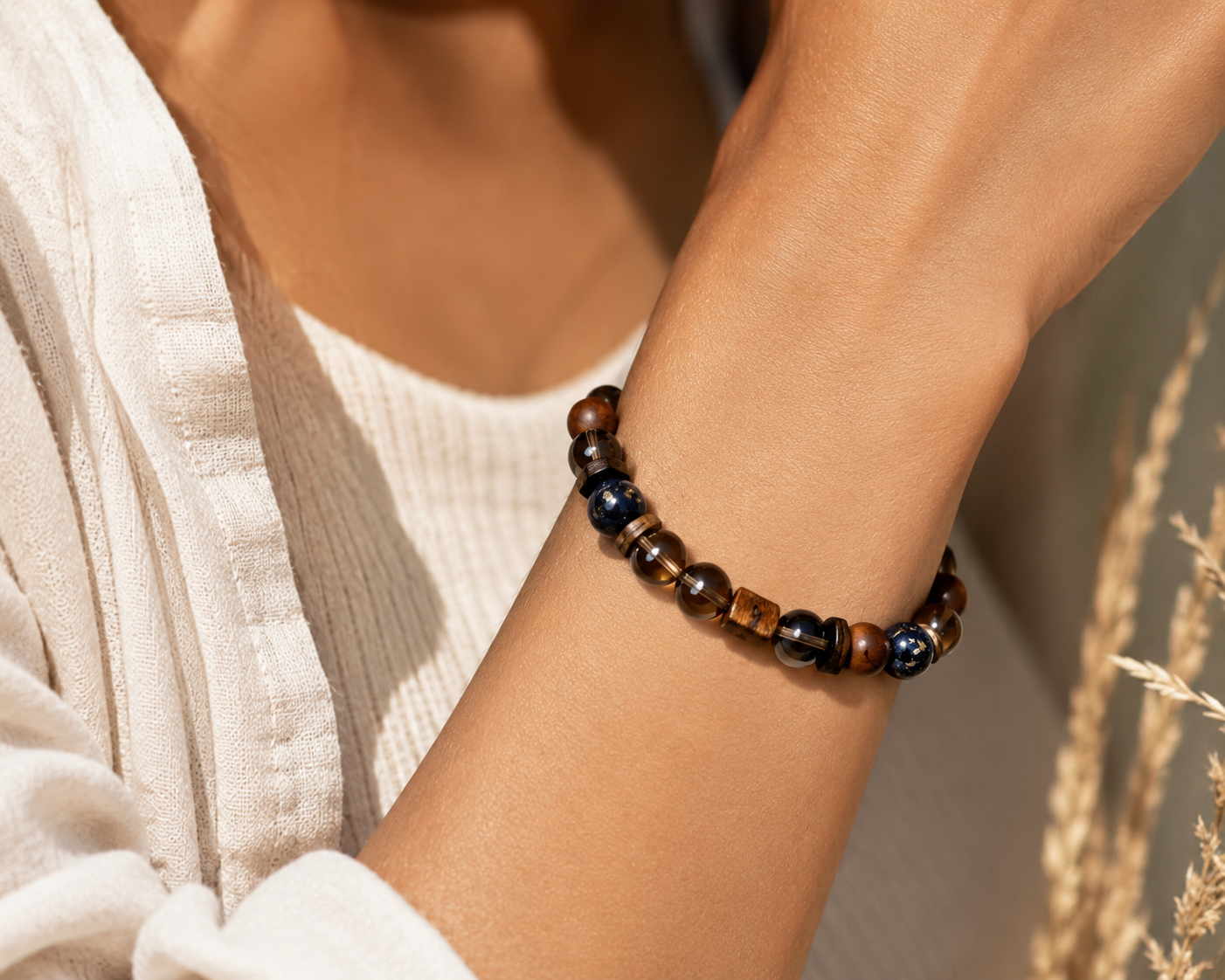 Smoky Quartz, Sandalwood & Artisan Glass Bracelet | Grounding Energy Bracelet | Handmade Natural Gemstone Jewelry(SJG010)