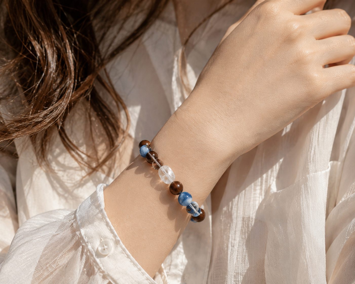 Kyanite, Clear Quartz & Oak Wood Bracelet | Creativity & Stress Relief Crystal Bracelet | Handmade Natural Gemstone Jewelry(SJG008)