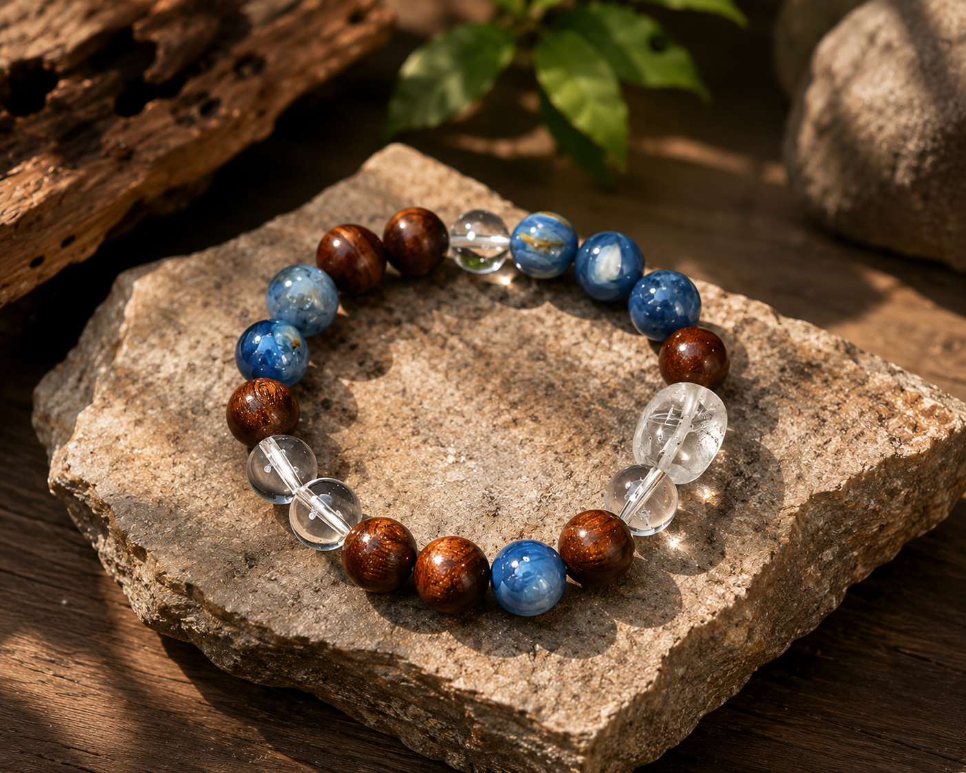 Kyanite, Clear Quartz & Oak Wood Bracelet | Creativity & Stress Relief Crystal Bracelet | Handmade Natural Gemstone Jewelry(SJG008)