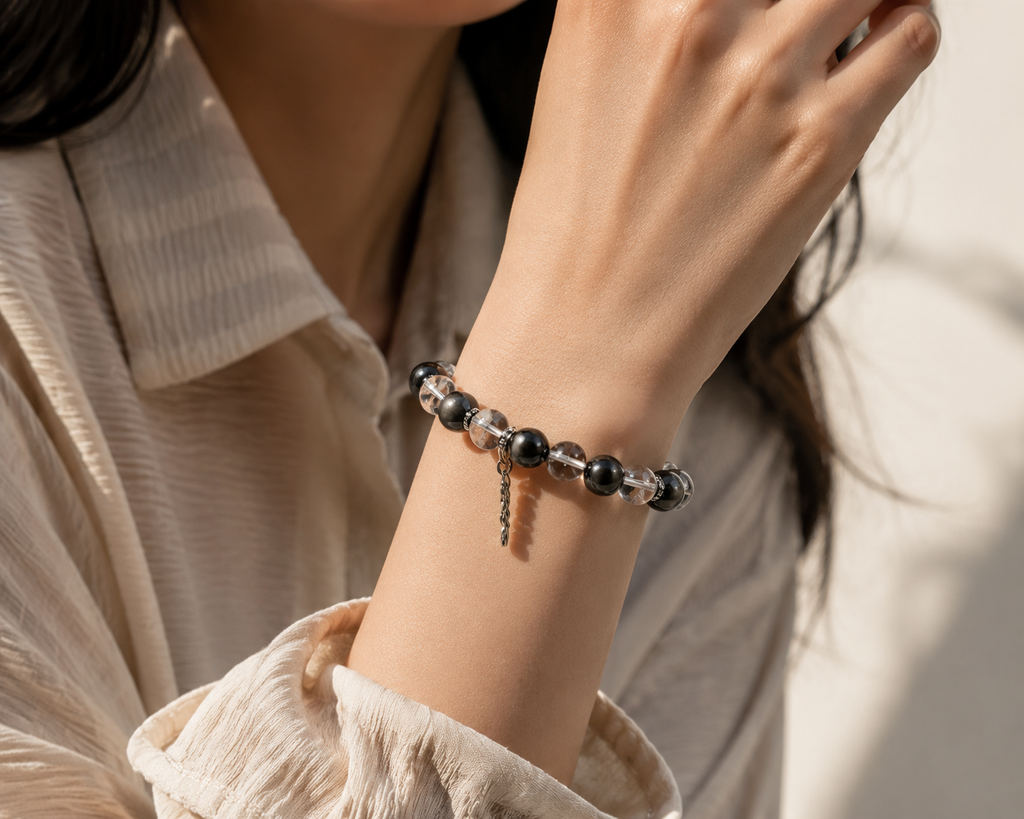 Black Rutilated Quartz & Silver Sheen Obsidian Protection Bracelet | Negative Energy Shield Bracelet | Strength & Decision Crystal Bracelet | Handmade Gemstone Jewelry(SJG003)