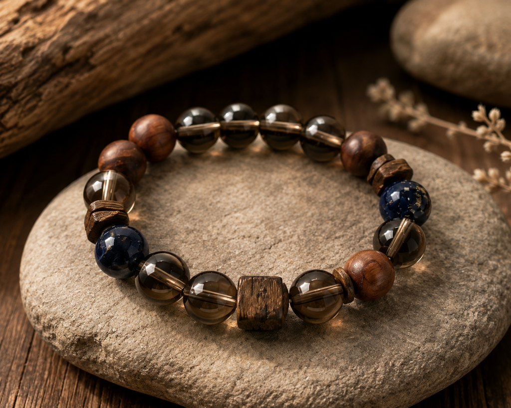 Smoky Quartz, Sandalwood & Artisan Glass Bracelet | Grounding Energy Bracelet | Handmade Natural Gemstone Jewelry(SJG010)