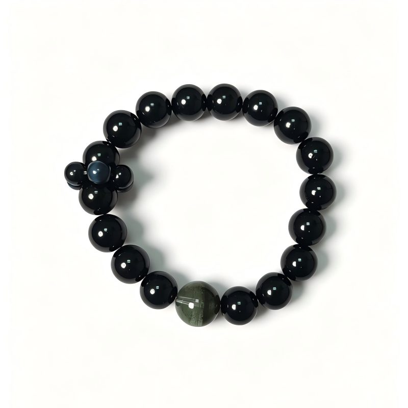 Black Obsidian & Green Phantom Quartz Bracelet | Protection and Prosperity Crystal Bracelet | Handmade Spiritual Gemstone Jewelry(SJG009)
