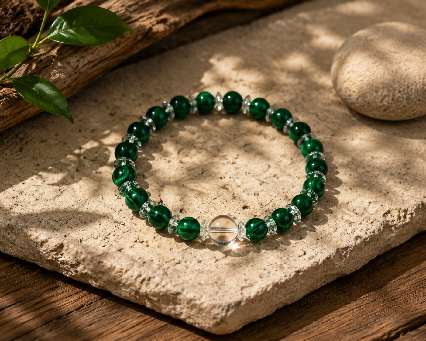 Malachite & Clear Quartz Harmony Bracelet | Green Crystal Energy Bracelet | Family Blessing Protection Bracelet | Handmade Gemstone Jewelry(SJG001)