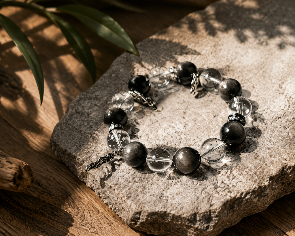 Black Rutilated Quartz & Silver Sheen Obsidian Protection Bracelet | Negative Energy Shield Bracelet | Strength & Decision Crystal Bracelet | Handmade Gemstone Jewelry(SJG003)