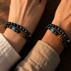 Double Ring Protection Crystal Bracelet | Silver Obsidian Black Obsidian Blue Aquamarine Yellow Tiger Eye Bracelet | Natural Stone Energy Jewelry for Evil Warding & Negative Energy Protection | Unisex(SJG018)