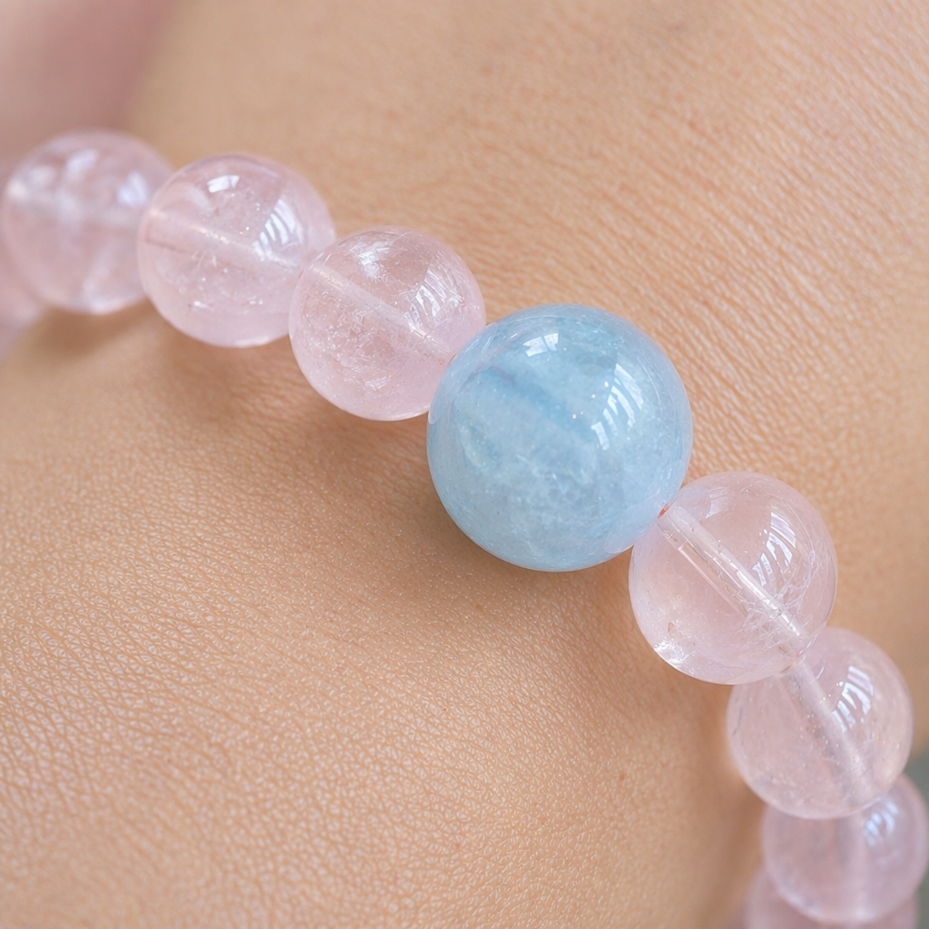 Hexagram Rose Quartz Aquamarine Bracelet | Star of David Pink Blue Crystal Healing Jewelry | 18cm-20cm Heart Chakra Communication Bracelet | Attract Benefactors & Enhance Thinking | Unisex（SJG020）