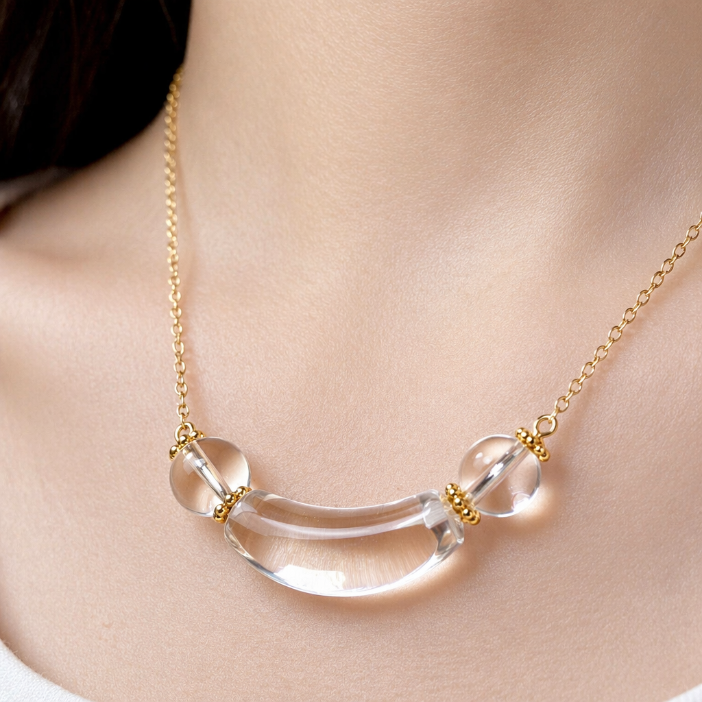 Clear Quartz Crystal Necklace | Gold Chain Curved Tube Pendant | Natural White Crystal Healing Jewelry | Clarity & Energy Cleansing Necklace（SJG019）