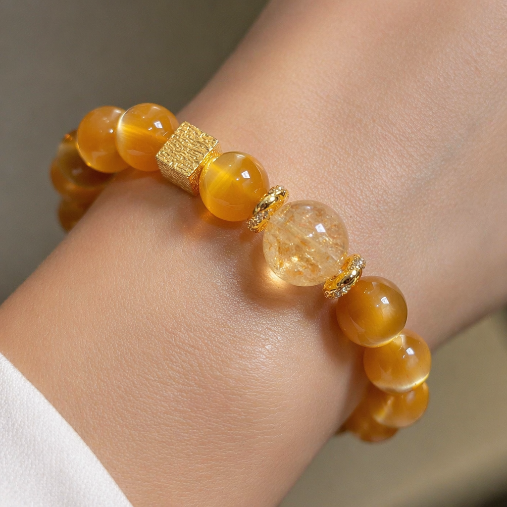 Gilded Years Healing Crystal Bracelet | Golden Tiger Eye Rainbow Citrine Yellow Fluorite Wealth Confidence Energy Jewelry | Natural Stone Beaded Bracelet for Men Women(SJG016)