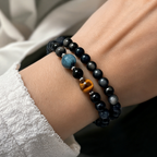 Double Ring Protection Crystal Bracelet | Silver Obsidian Black Obsidian Blue Aquamarine Yellow Tiger Eye Bracelet | Natural Stone Energy Jewelry for Evil Warding & Negative Energy Protection | Unisex(SJG018)