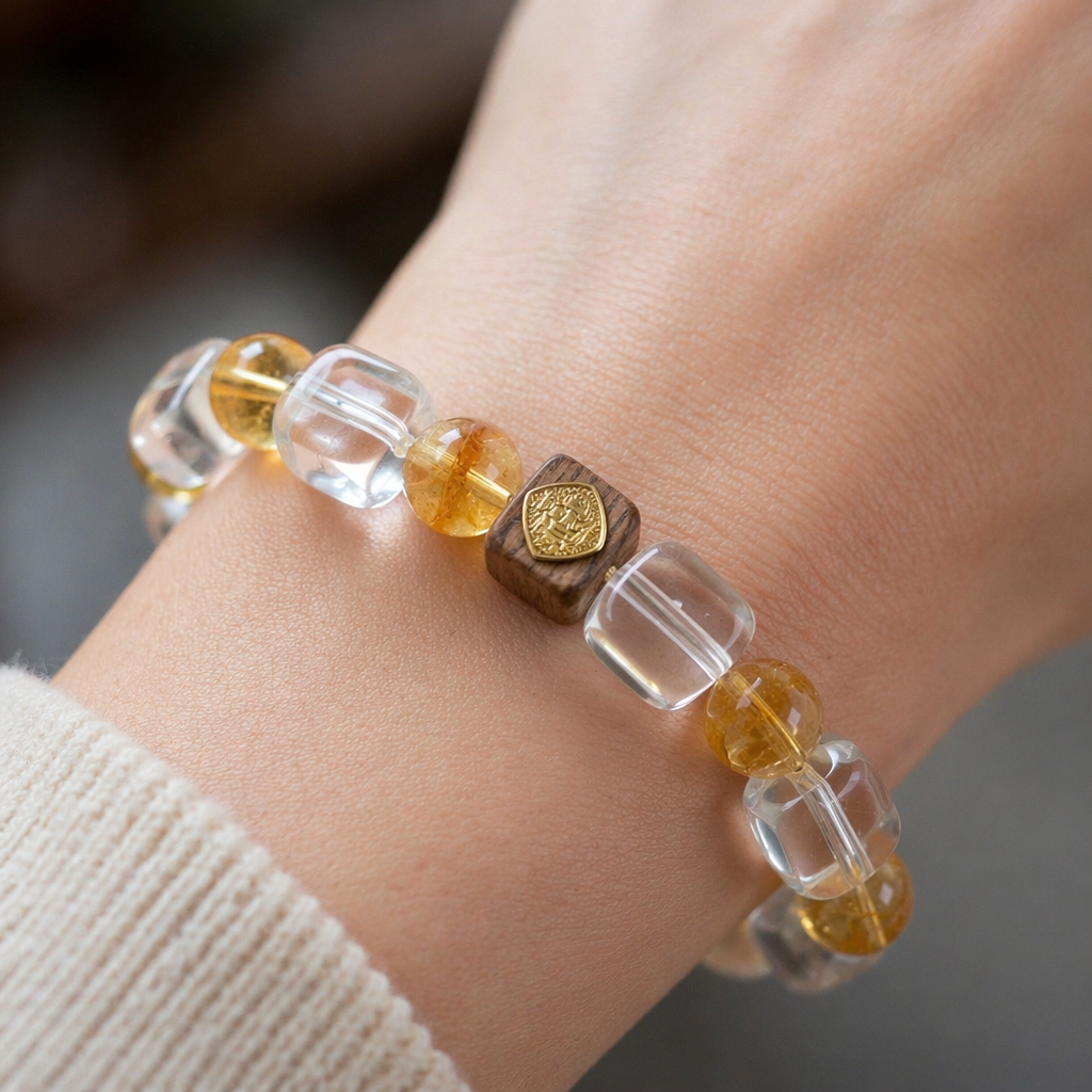 Prosperity Design Crystal Bracelet | Clear Quartz Yellow Citrine Tower Crystal Wealth Bracelet with Sandalwood Bead | Natural Stone Energy Jewelry for Abundance & Aura Cleansing | Unisex（SJG017）