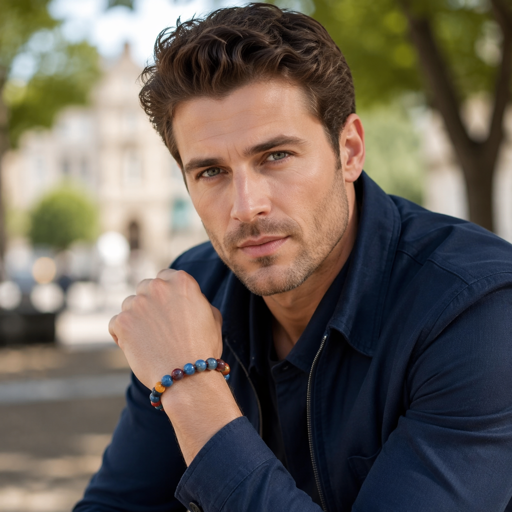 Golden Isle Multi-Crystal Bracelet | Kyanite Garnet Agate Tiger Eye Lapis Lazuli Wealth & Vitality Bracelet | 18-20cm Natural Stone Energy Jewelry for Luck Decision-Making & Abundance | Unisex