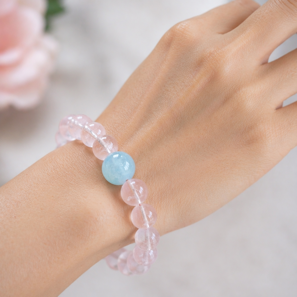 Hexagram Rose Quartz Aquamarine Bracelet | Star of David Pink Blue Crystal Healing Jewelry | 18cm-20cm Heart Chakra Communication Bracelet | Attract Benefactors & Enhance Thinking | Unisex（SJG020）