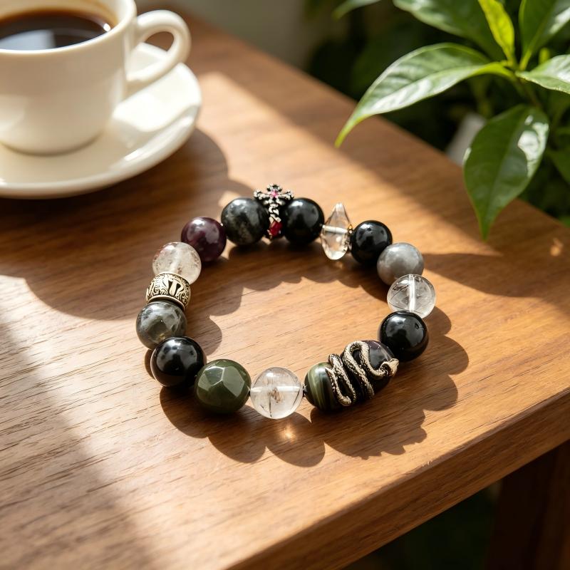You Are Not Alone Healing Bracelet – Red Crystal, Grey Moonstone, Silver Obsidian & Black Hair Crystal with Cross & Serpent Charms – MJ-Inspired Sleep & Energy Protection Handmade Jewelry | XIDU DIY（SJGMJ002)）