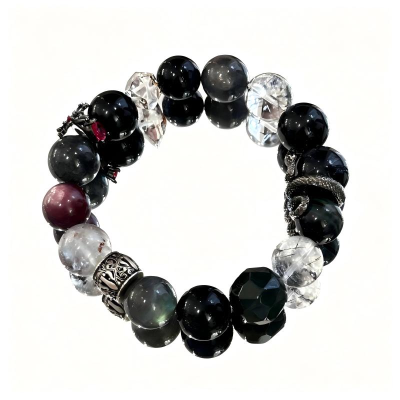 You Are Not Alone Healing Bracelet – Red Crystal, Grey Moonstone, Silver Obsidian & Black Hair Crystal with Cross & Serpent Charms – MJ-Inspired Sleep & Energy Protection Handmade Jewelry | XIDU DIY（SJGMJ002)）