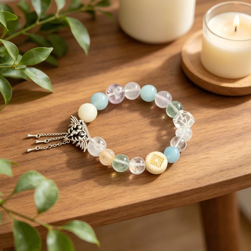 Heal the World Crystal Bracelet – Aquamarine, Clear Quartz, Rose Quartz & Amethyst with Winged Black Heart Charm – MJ-Inspired Healing & Unity Handmade Jewelry | XIDU DIY（SJGMJ004）