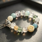 Heal the World Crystal Bracelet – Aquamarine, Clear Quartz, Rose Quartz & Amethyst with Winged Black Heart Charm – MJ-Inspired Healing & Unity Handmade Jewelry | XIDU DIY（SJGMJ004）