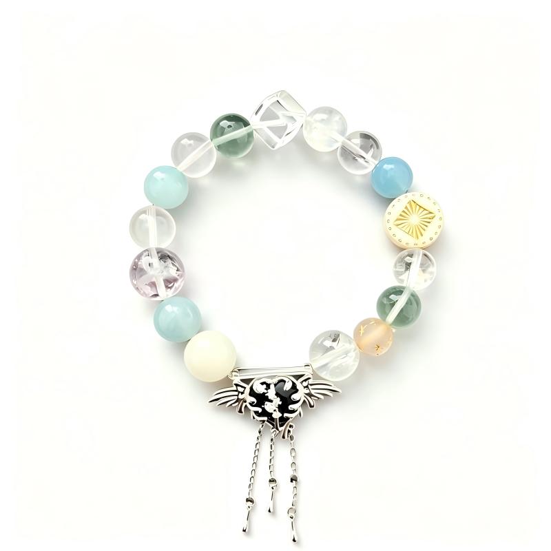 Heal the World Crystal Bracelet – Aquamarine, Clear Quartz, Rose Quartz & Amethyst with Winged Black Heart Charm – MJ-Inspired Healing & Unity Handmade Jewelry | XIDU DIY（SJGMJ004）