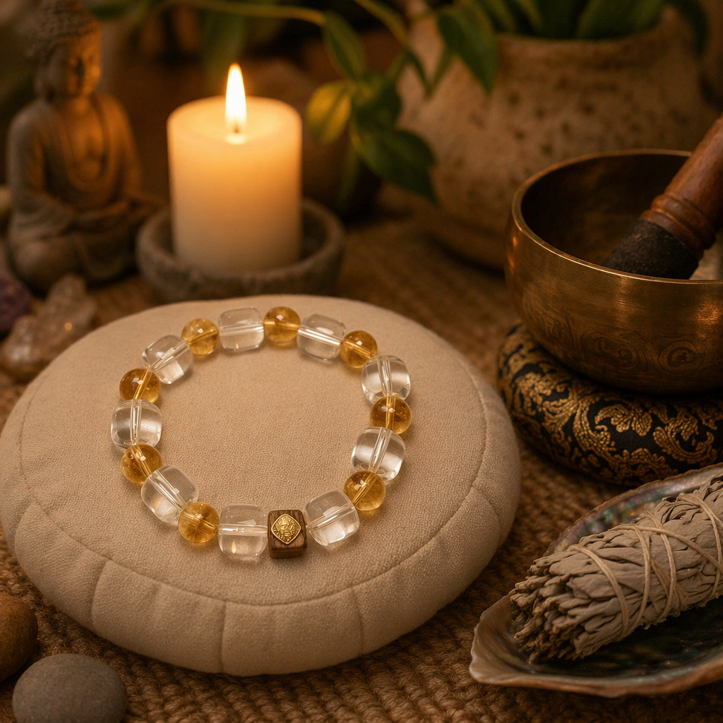 Prosperity Design Crystal Bracelet | Clear Quartz Yellow Citrine Tower Crystal Wealth Bracelet with Sandalwood Bead | Natural Stone Energy Jewelry for Abundance & Aura Cleansing | Unisex（SJG017）