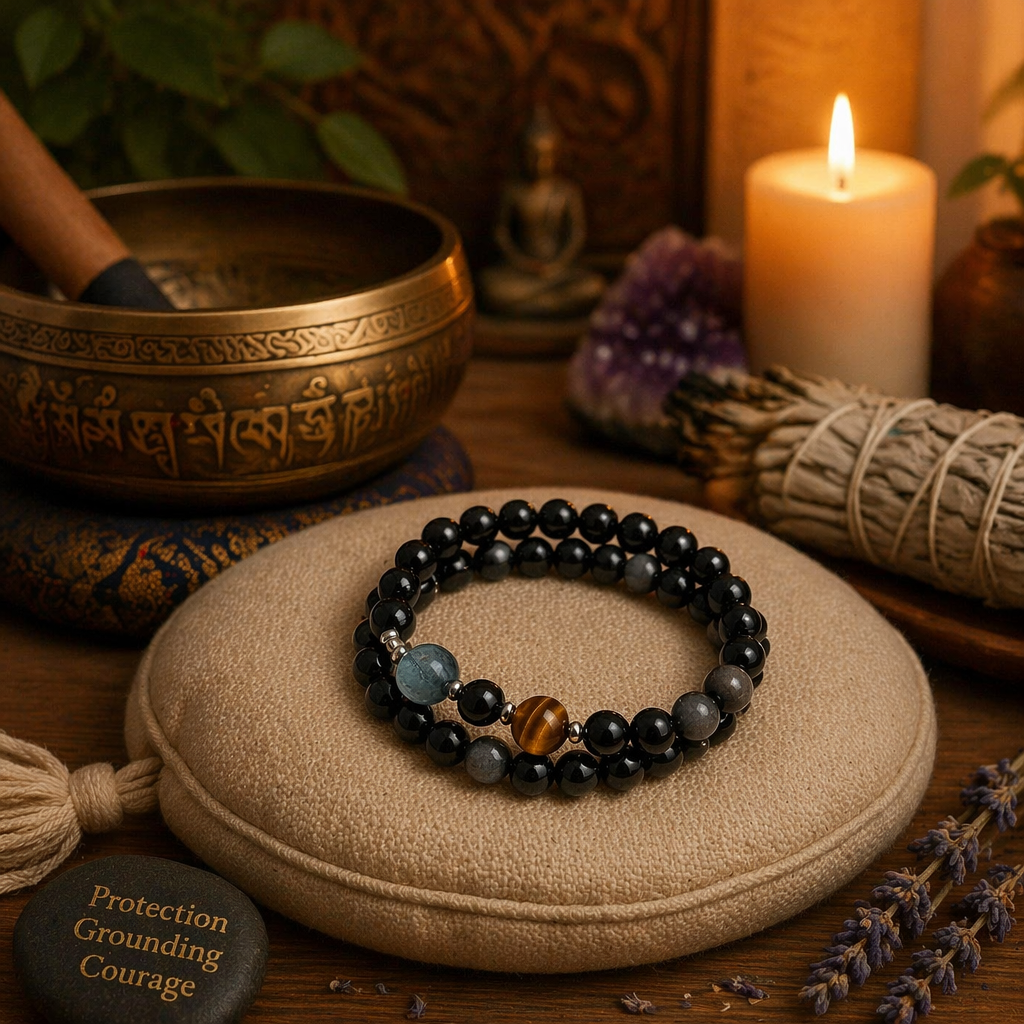 Double Ring Protection Crystal Bracelet | Silver Obsidian Black Obsidian Blue Aquamarine Yellow Tiger Eye Bracelet | Natural Stone Energy Jewelry for Evil Warding & Negative Energy Protection | Unisex(SJG018)