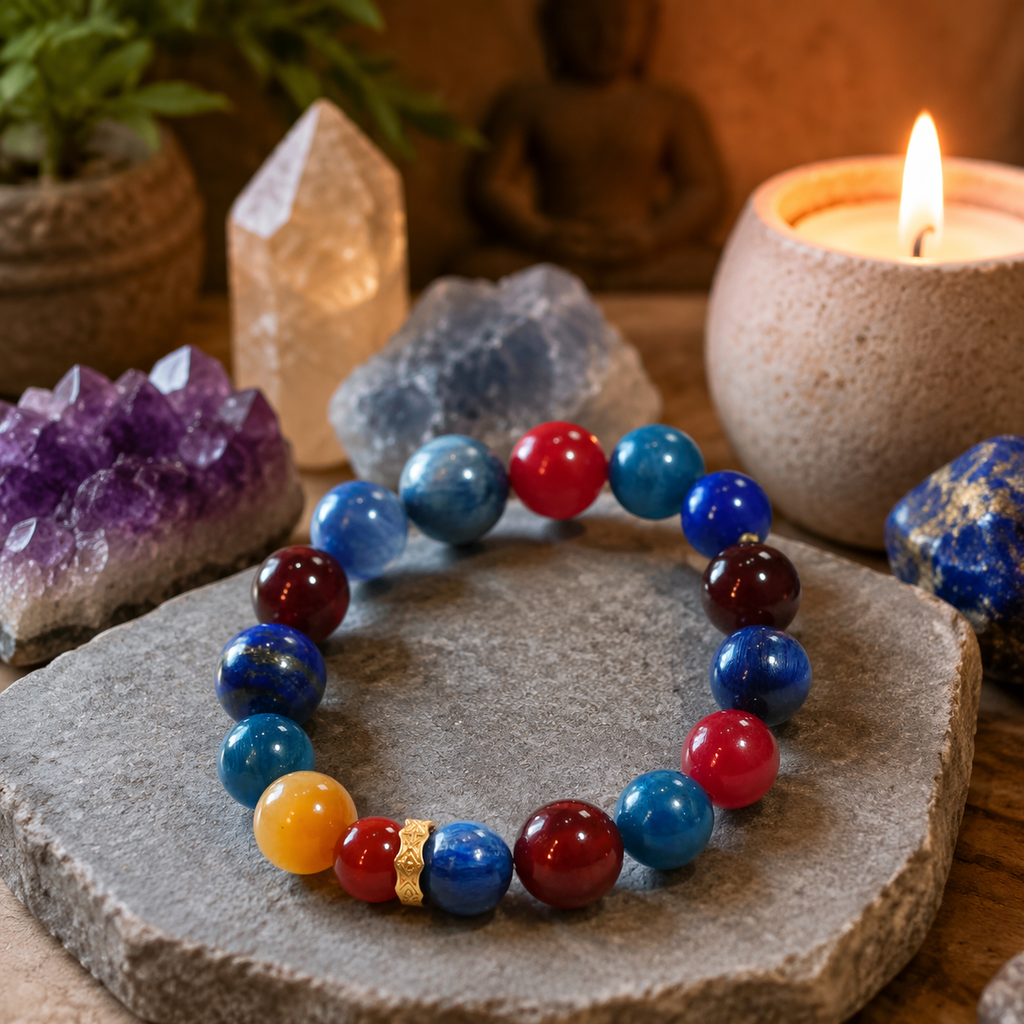 Golden Isle Multi-Crystal Bracelet | Kyanite Garnet Agate Tiger Eye Lapis Lazuli Wealth & Vitality Bracelet | 18-20cm Natural Stone Energy Jewelry for Luck Decision-Making & Abundance | Unisex