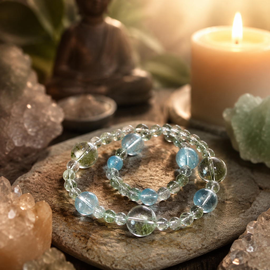 Mist Veil Aquamarine Green Phantom Hair Crystal Bracelet | Sea Blue Green Ghost Wealth Communication Bracelet | 18-20cm Natural Stone Energy Jewelry for Throat Healing Career & Abundance | Unisex