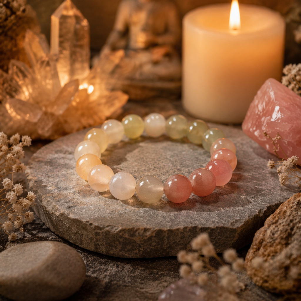 Gradient Rainbow Rabbit Hair Quartz Bracelet | Natural Stress Relief Confidence & Fortune Bracelet | 18-20cm Pink Orange Red Crystal Energy Jewelry for Calm Self-Worth & Abundance | Unisex
