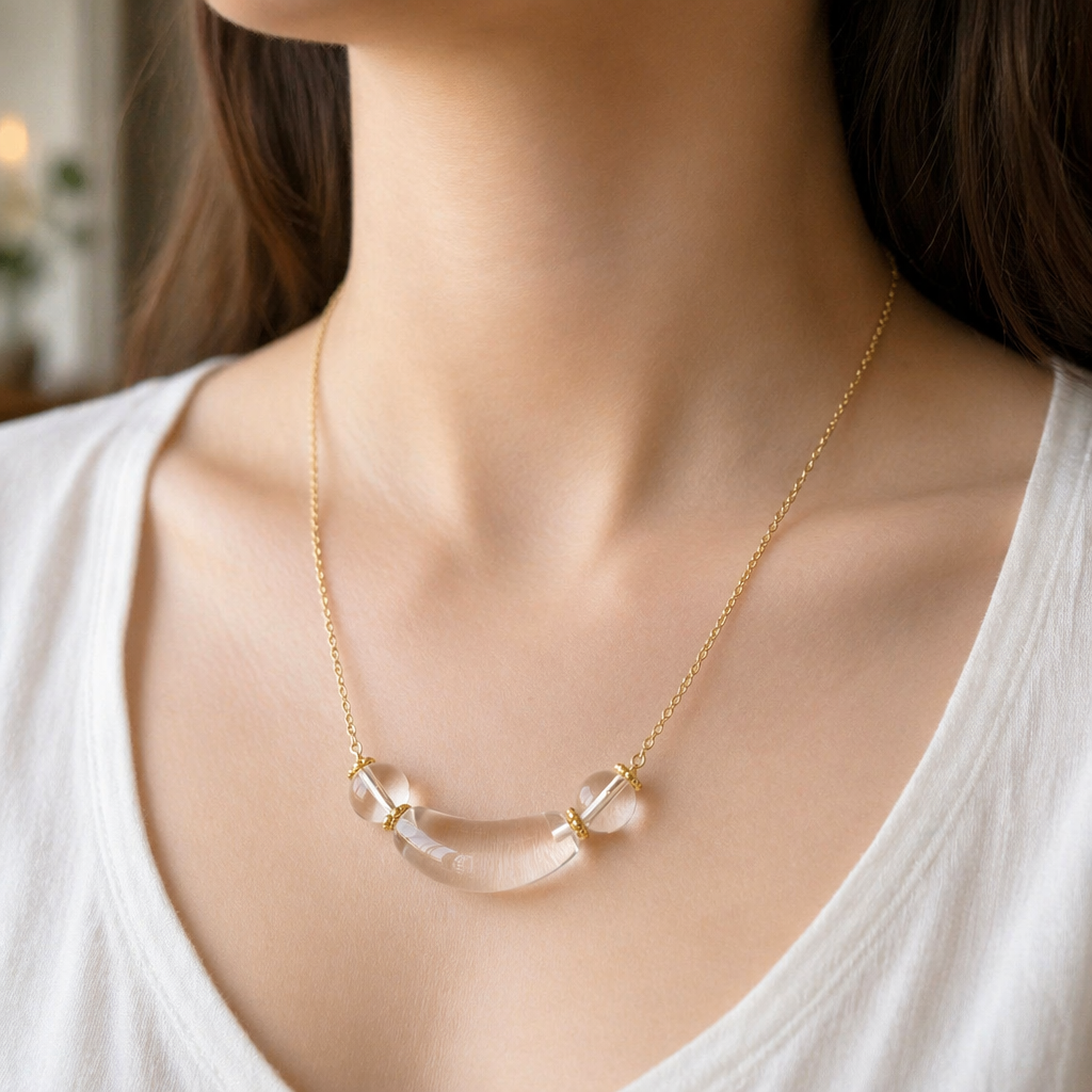Clear Quartz Crystal Necklace | Gold Chain Curved Tube Pendant | Natural White Crystal Healing Jewelry | Clarity & Energy Cleansing Necklace（SJG019）