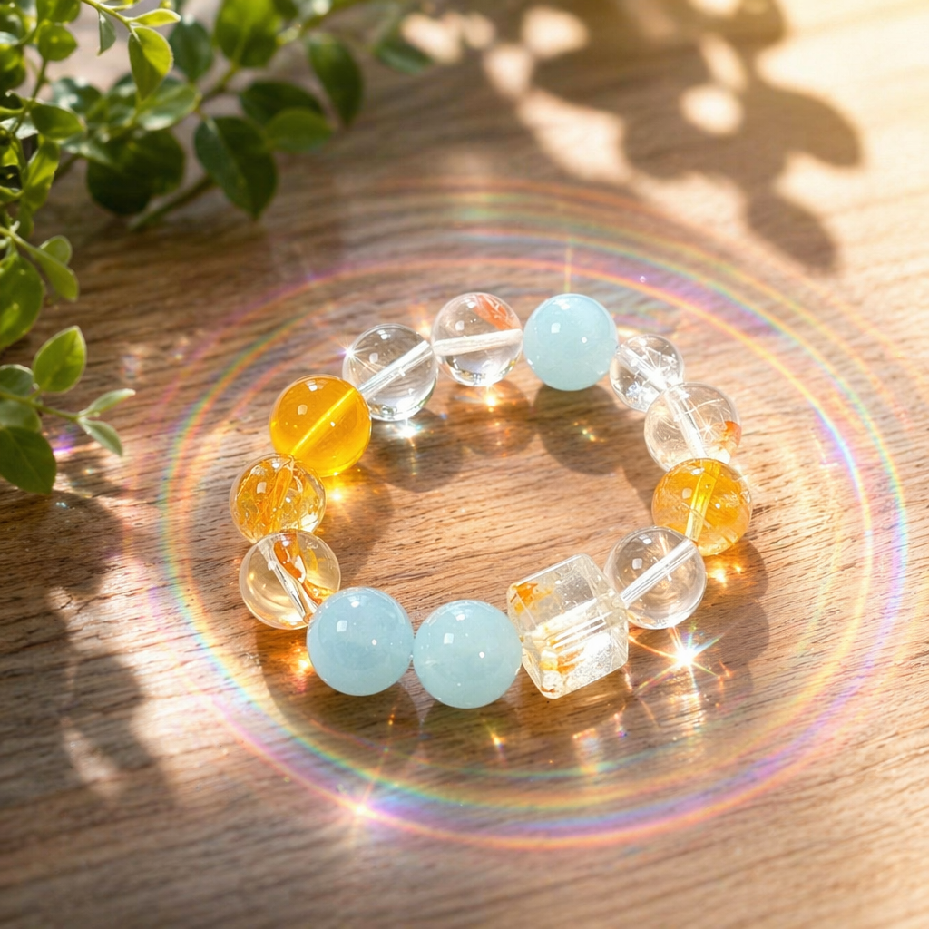 Orange Soda Multi-Crystal Bracelet | Aquamarine Yellow胶花 Fluorite Topaz Clear Quartz Communication & Anxiety Relief Bracelet | 18-20cm Natural Stone Energy Jewelry for Focus Calm & Wealth | Unisex