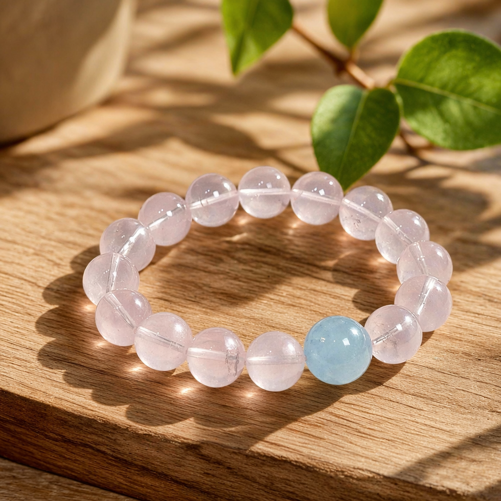 Hexagram Rose Quartz Aquamarine Bracelet | Star of David Pink Blue Crystal Healing Jewelry | 18cm-20cm Heart Chakra Communication Bracelet | Attract Benefactors & Enhance Thinking | Unisex（SJG020）