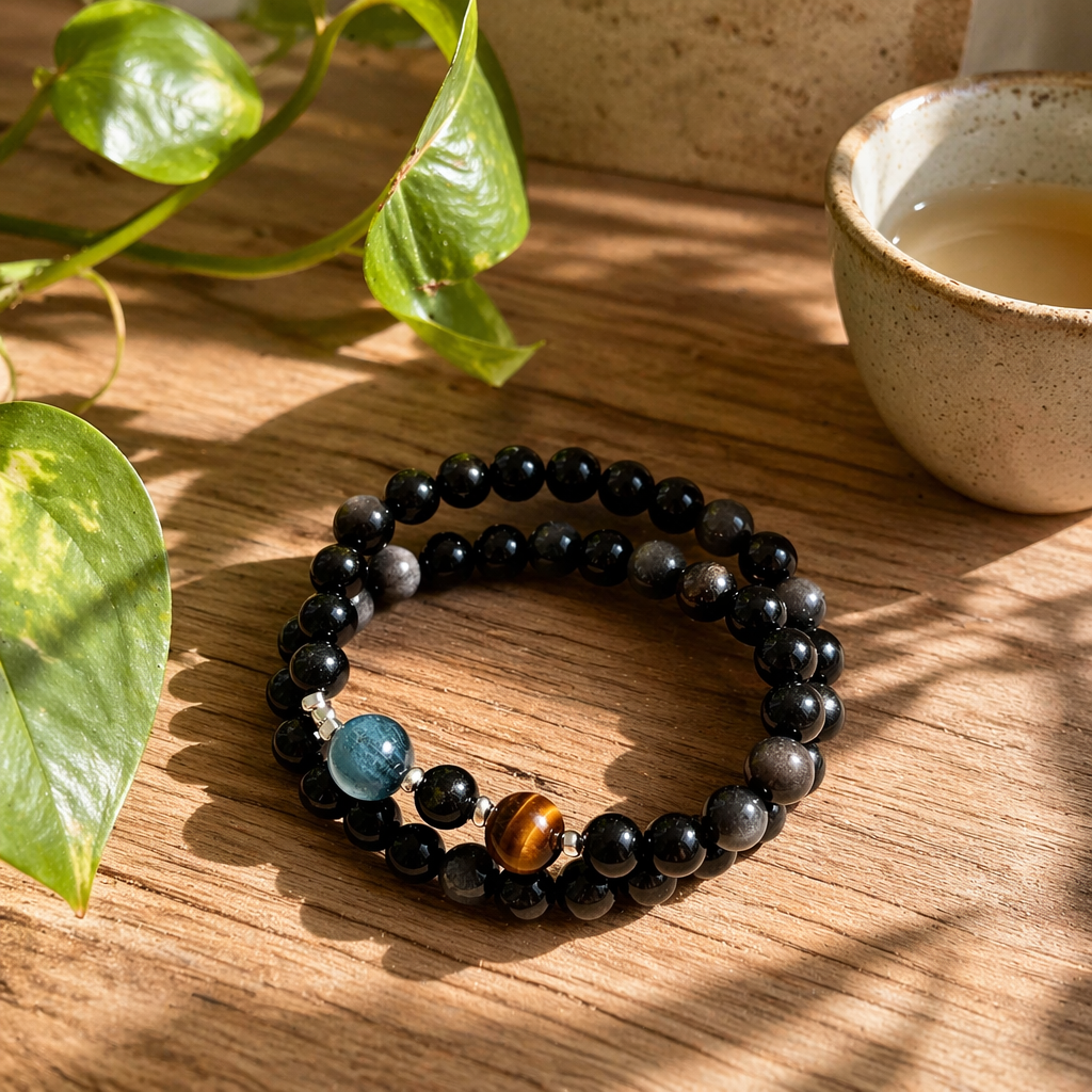 Double Ring Protection Crystal Bracelet | Silver Obsidian Black Obsidian Blue Aquamarine Yellow Tiger Eye Bracelet | Natural Stone Energy Jewelry for Evil Warding & Negative Energy Protection | Unisex(SJG018)