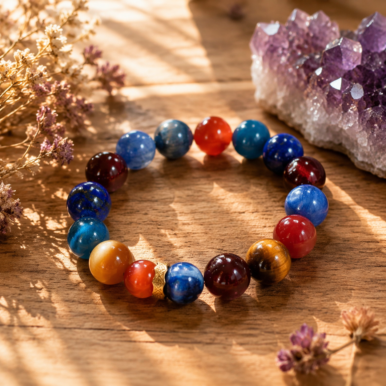 Golden Isle Multi-Crystal Bracelet | Kyanite Garnet Agate Tiger Eye Lapis Lazuli Wealth & Vitality Bracelet | 18-20cm Natural Stone Energy Jewelry for Luck Decision-Making & Abundance | Unisex
