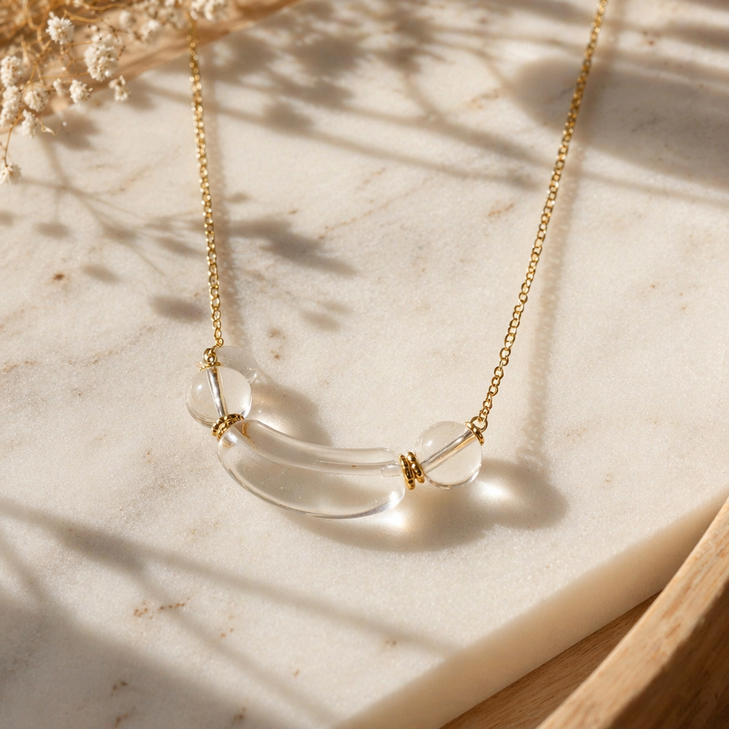 Clear Quartz Crystal Necklace | Gold Chain Curved Tube Pendant | Natural White Crystal Healing Jewelry | Clarity & Energy Cleansing Necklace（SJG019）