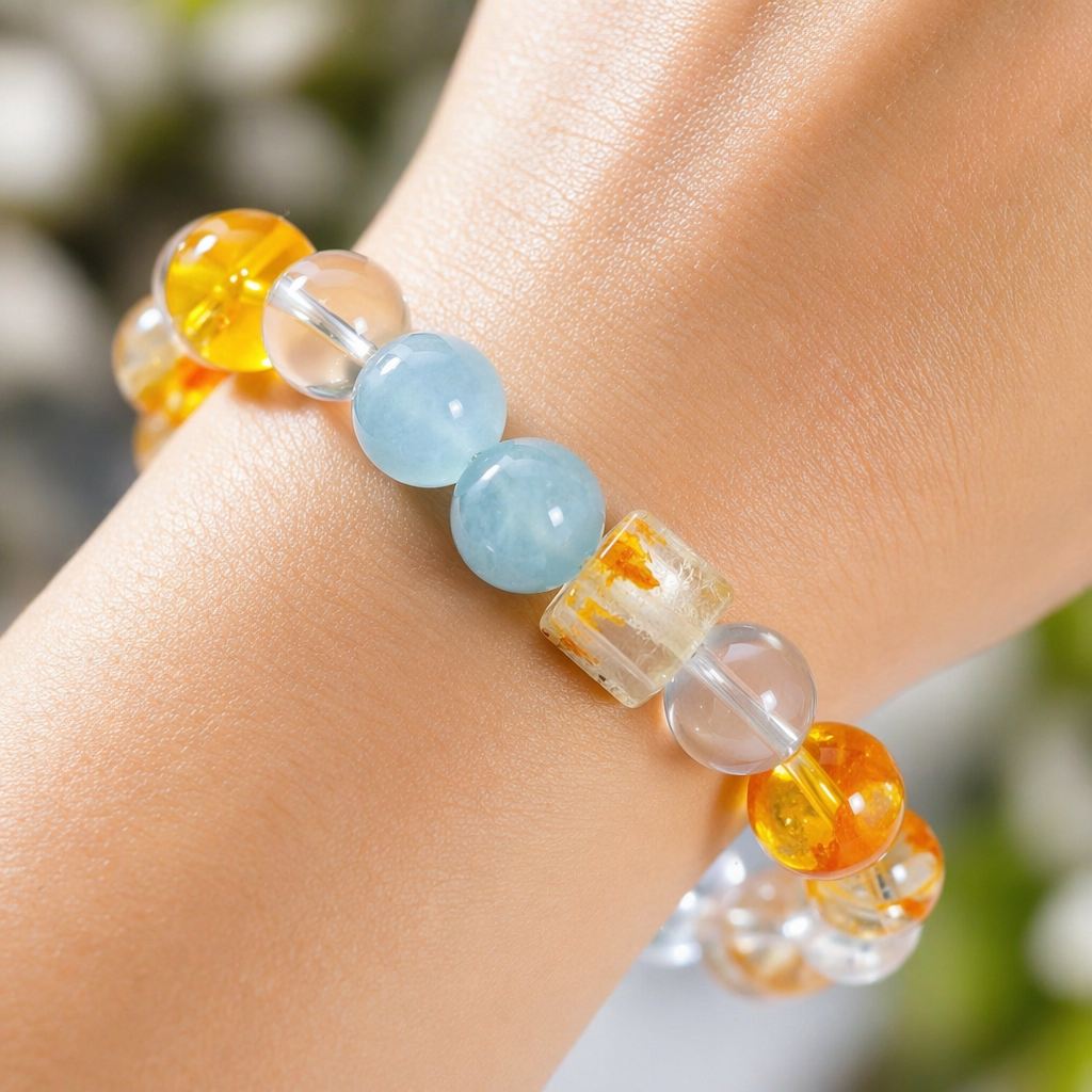 Orange Soda Multi-Crystal Bracelet | Aquamarine Yellow胶花 Fluorite Topaz Clear Quartz Communication & Anxiety Relief Bracelet | 18-20cm Natural Stone Energy Jewelry for Focus Calm & Wealth | Unisex