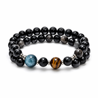 Double Ring Protection Crystal Bracelet | Silver Obsidian Black Obsidian Blue Aquamarine Yellow Tiger Eye Bracelet | Natural Stone Energy Jewelry for Evil Warding & Negative Energy Protection | Unisex(SJG018)