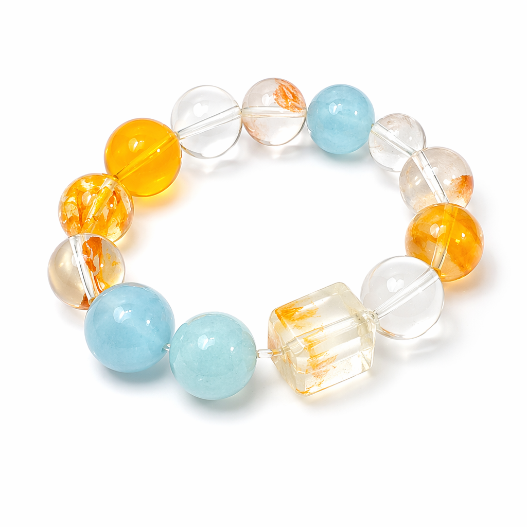 Orange Soda Multi-Crystal Bracelet | Aquamarine Yellow胶花 Fluorite Topaz Clear Quartz Communication & Anxiety Relief Bracelet | 18-20cm Natural Stone Energy Jewelry for Focus Calm & Wealth | Unisex