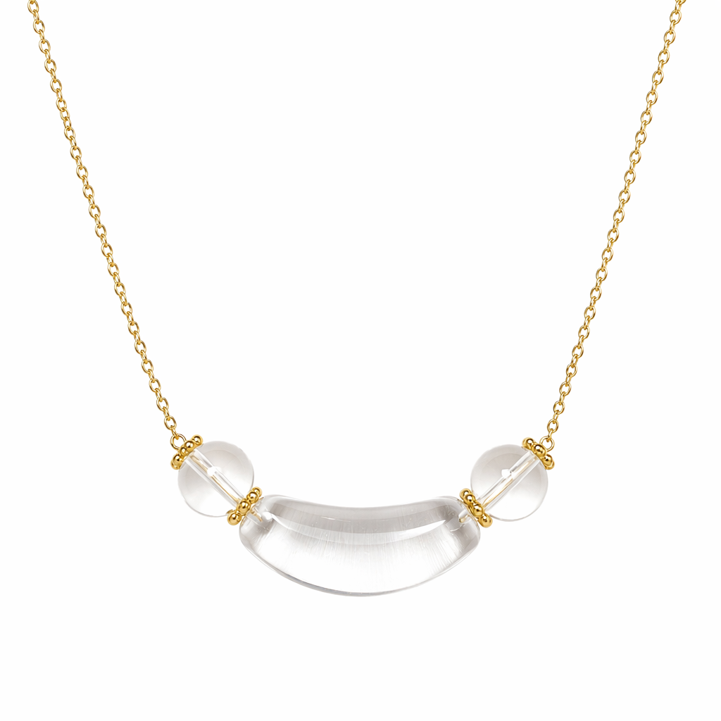 Clear Quartz Crystal Necklace | Gold Chain Curved Tube Pendant | Natural White Crystal Healing Jewelry | Clarity & Energy Cleansing Necklace（SJG019）