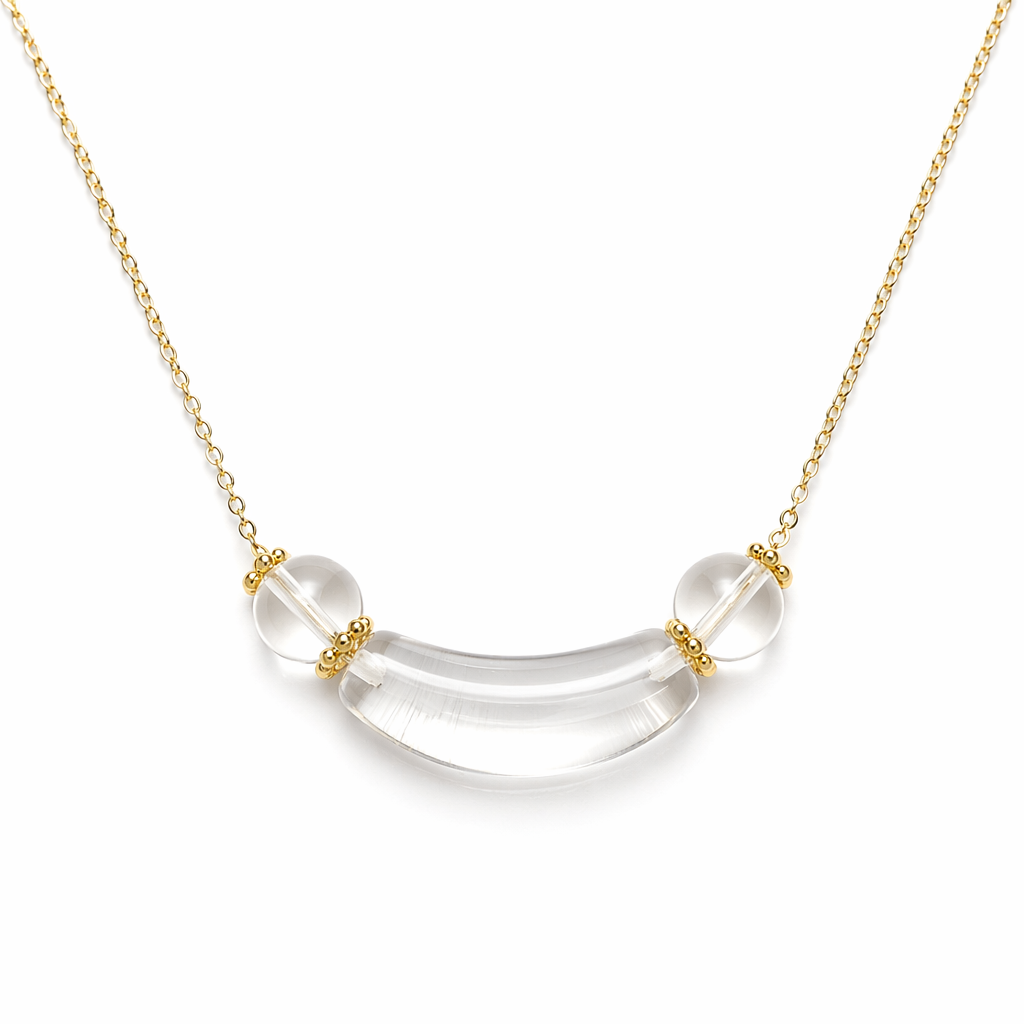 Clear Quartz Crystal Necklace | Gold Chain Curved Tube Pendant | Natural White Crystal Healing Jewelry | Clarity & Energy Cleansing Necklace（SJG019）