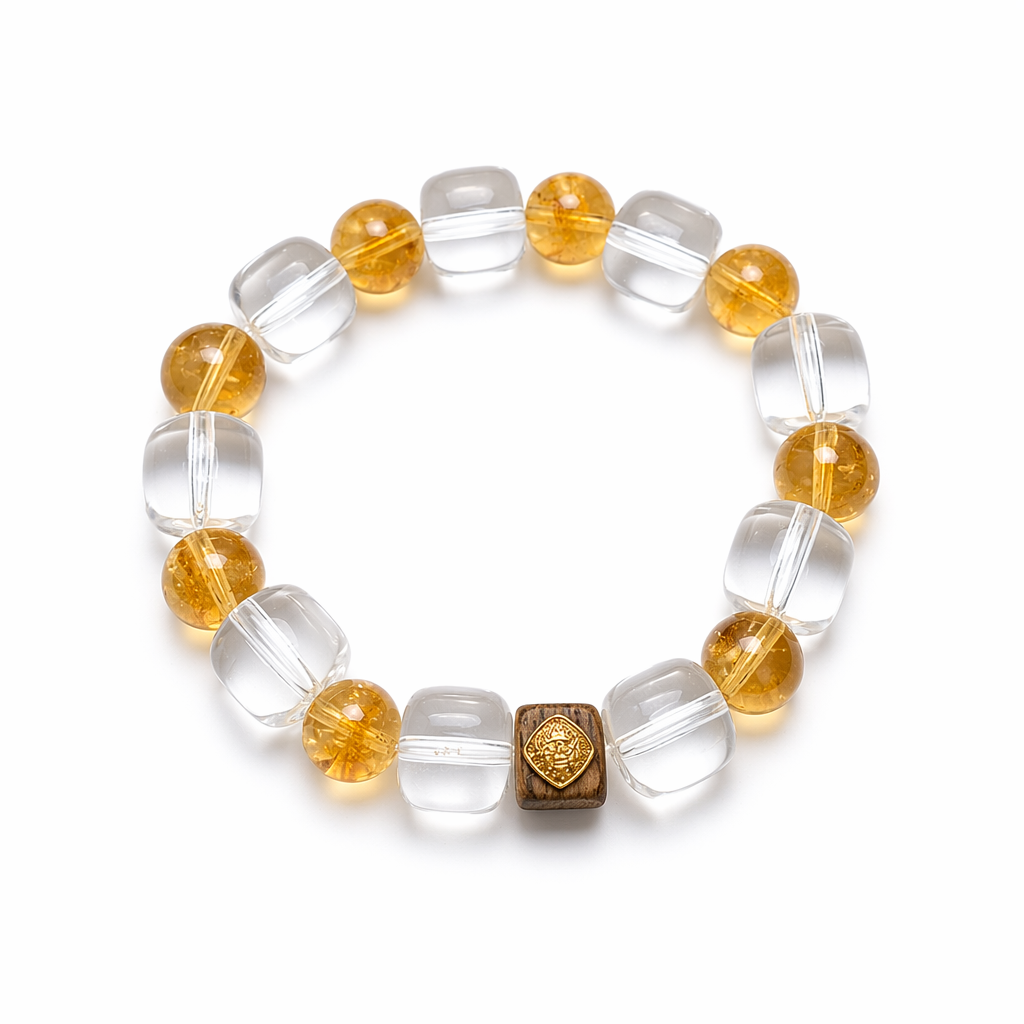 Prosperity Design Crystal Bracelet | Clear Quartz Yellow Citrine Tower Crystal Wealth Bracelet with Sandalwood Bead | Natural Stone Energy Jewelry for Abundance & Aura Cleansing | Unisex（SJG017）