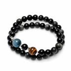 Double Ring Protection Crystal Bracelet | Silver Obsidian Black Obsidian Blue Aquamarine Yellow Tiger Eye Bracelet | Natural Stone Energy Jewelry for Evil Warding & Negative Energy Protection | Unisex(SJG018)
