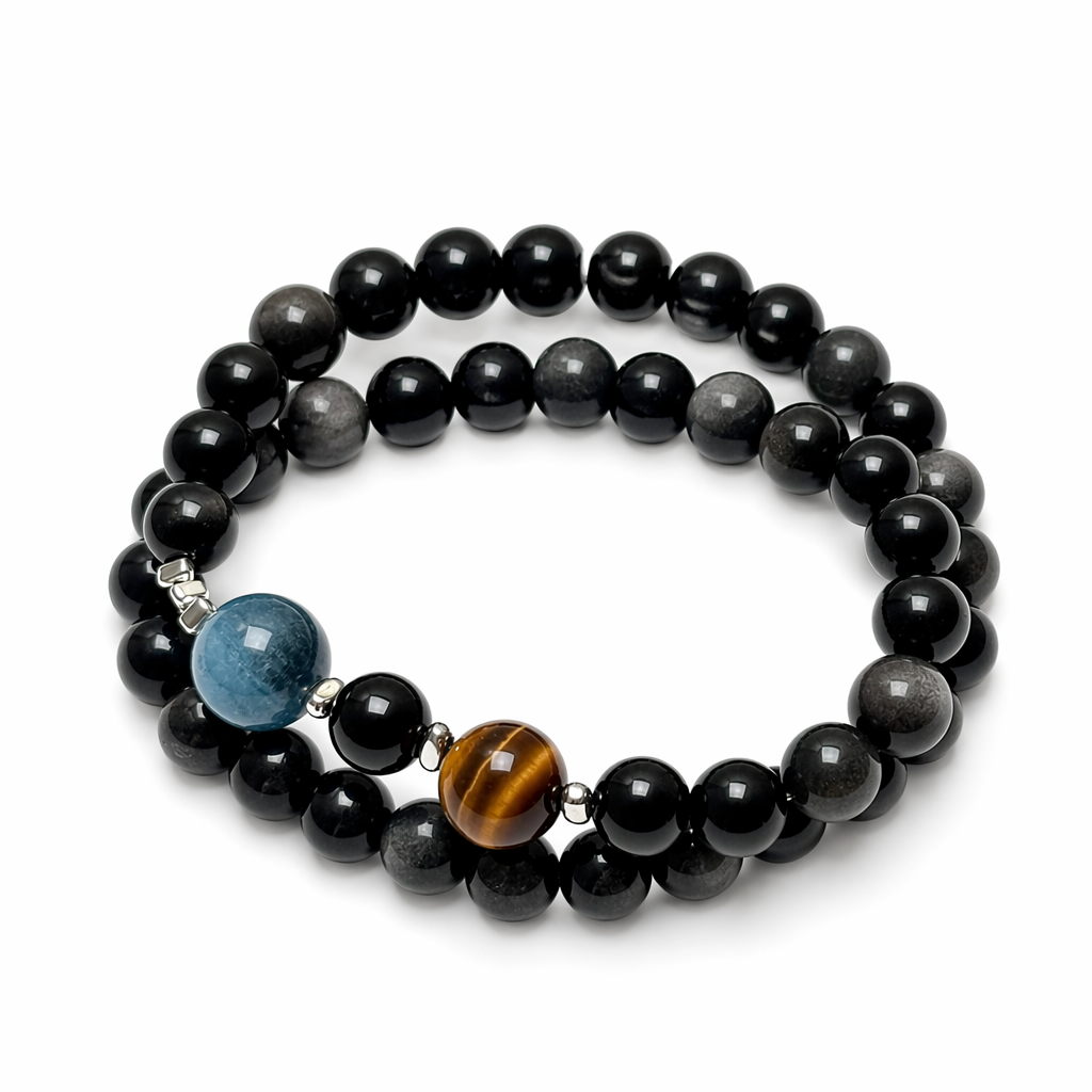 Double Ring Protection Crystal Bracelet | Silver Obsidian Black Obsidian Blue Aquamarine Yellow Tiger Eye Bracelet | Natural Stone Energy Jewelry for Evil Warding & Negative Energy Protection | Unisex(SJG018)